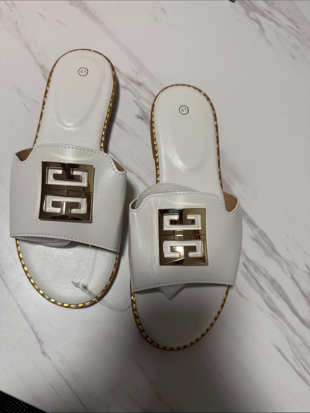 White Women's Slide Sandals with Gold Accent